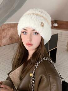 1pc Women Striped Knit Beanie Hat With G Metal Logo, Warm Thick Ear Protection Winter Hat, Cute Casual Elegant Retro Streetwear Fashion Versatile Ski Outdoor Travel Party Daily Use,Summer,Beach,Holiday,Festival - R Mark - View 3
