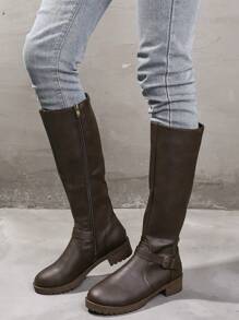 女士大码纯色侧拉链低跟长靴欧美风骑士靴高筒时尚休闲搭扣靴秋冬 - 咖啡棕 - 查看 2