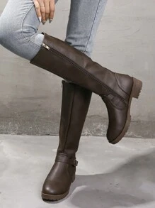 女士大码纯色侧拉链低跟长靴欧美风骑士靴高筒时尚休闲搭扣靴秋冬 - 咖啡棕 - 查看 7