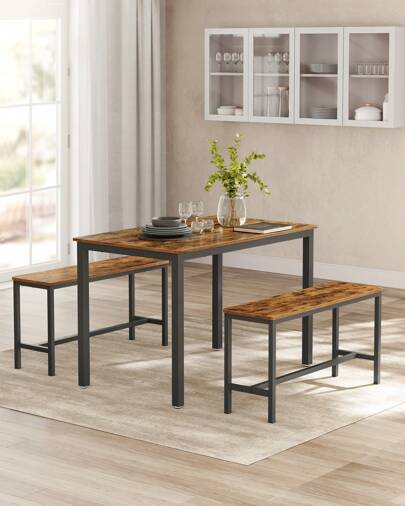 VASAGLE Dining Table With 2 Benches, 3 Piece Set, Kitchen Table Of 70 X 110 X 75 Cm, 2 Benches Of 30 X 97 X 50 Cm Each, Steel Frame, Industrial Design, Rustic Brown And Black