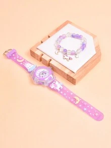 Đồng hồ LED chiếu sáng mới 2024 cho bé gái, Đồng hồ đeo tay thạch anh thiết kế kỳ lân cầu vồng, Bộ 3 vòng tay & mặt dây chuyền vòng cổ - Màu tím - Xem 8