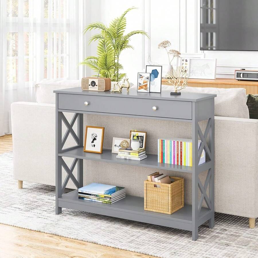Console Table With Drawer And Storage Shelves, Narrow Sofa Table For