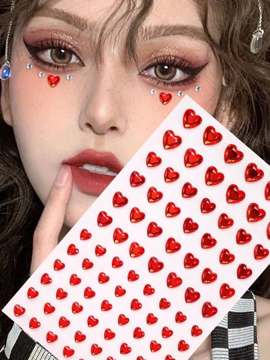 1 tờ 3d mô phỏng đá quý màu hồng hình trái tim mặt đồ trang sức dán DIY, miếng dán góc mắt, miếng dán lông mày, miếng dán cơ thể, miếng dán mắt mặt hình trái tim 3D bằng đá quý màu đỏ lớn và hồng tươi, dành cho lễ hội âm nhạc, Y2k, trang điểm tiệc khiêu vũ - Nhiều màu - Xem 1