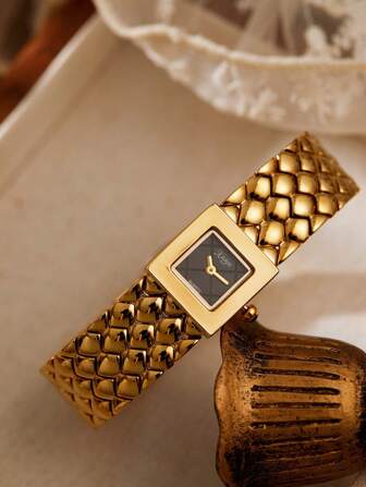 XIVIYA 1pc Women's Gold-Color Vintage Rhombus Design Steel Strap Waterproof Wrist Watch, Exquisite Craftsmanship High-End Feel, Ideal For Party, Daily Commute & Outfit Matching