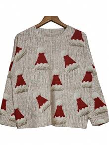 Besatzausschnitt eleganter, lässiger Weihnachtsmützen-Muster Digital-Muster leichter Pullover mit Gesamtdruck, geeignet für Herbst/Winter