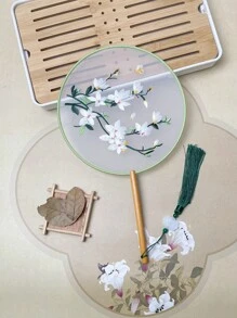 1 Stück vintage Handventilator, chinesischer runder Fächer mit Seide-Stickerei, Kranich-Blumen Heim- und Raumdekoration, Tanzfächer mit Quasten, Party-Requisiten, Weihnachts-, Valentinstags- und Neujahrgeschenk
