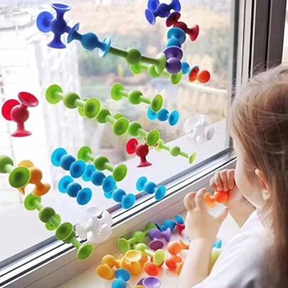 1 Set Random Color Suction Cup Toys, Building Blocks Suction Cup Toys, Stress Relief Toys Set, Bathroom Toys, Children Toys, Bath Toys, Parent-Child Interactive Game, Gifts For Boys And Girls, Soft Dart Set (Some Parts Randomly Sent)