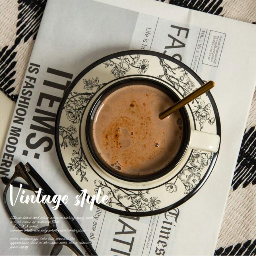 Vintage Style Ceramic Coffee Cup And Saucer Set, Thick Floral Design
