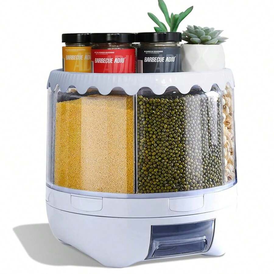 Grain Dispenser, 360° Rotating Storage Container, 6 Grid Food Dispenser With Storage Sealed Lid, Rice Dispenser For Grains, Beans, Rice, Peanut, Barley - White - View 1