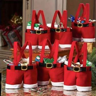 Christmas Santa Pants Gift Bags, Small Polyester Candy Bags, Festive Treats Holder, Xmas Party Decorative Gift Pouches For Holiday Presents, Table Decorations