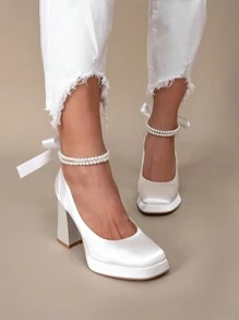 Women's Mary Jane Platform Thick Sole Waterproof Wedge Shoes, Pearl Bow Accent, White Satin, High Heel, Suitable For Party, Wedding - White - View 7