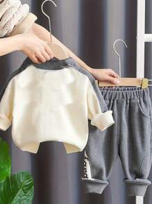 Conjunto de moletom com capuz e calça com estampa de letras para menino, zíper frontal parcial, outono