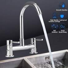 Modern Dual Lever Chrome Kitchen Sink Mixer Taps 2 Hole Deck Mounted Tap Faucet - Silver - View 5
