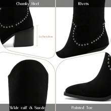 Black Suede Knee High Boots Cowboy Boots For Women Cowgirl Boots Tall Fall Motorcycle Riding Side Zipper Pointed Toe Party Travel Casual Rivets Fashion Long Boots Outdoor Footwear Winter Chunky Shoes Lady - 黑色 - 查看 5