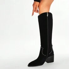 Black Suede Knee High Boots Cowboy Boots For Women Cowgirl Boots Tall Fall Motorcycle Riding Side Zipper Pointed Toe Party Travel Casual Rivets Fashion Long Boots Outdoor Footwear Winter Chunky Shoes Lady - 黑色 - 查看 2