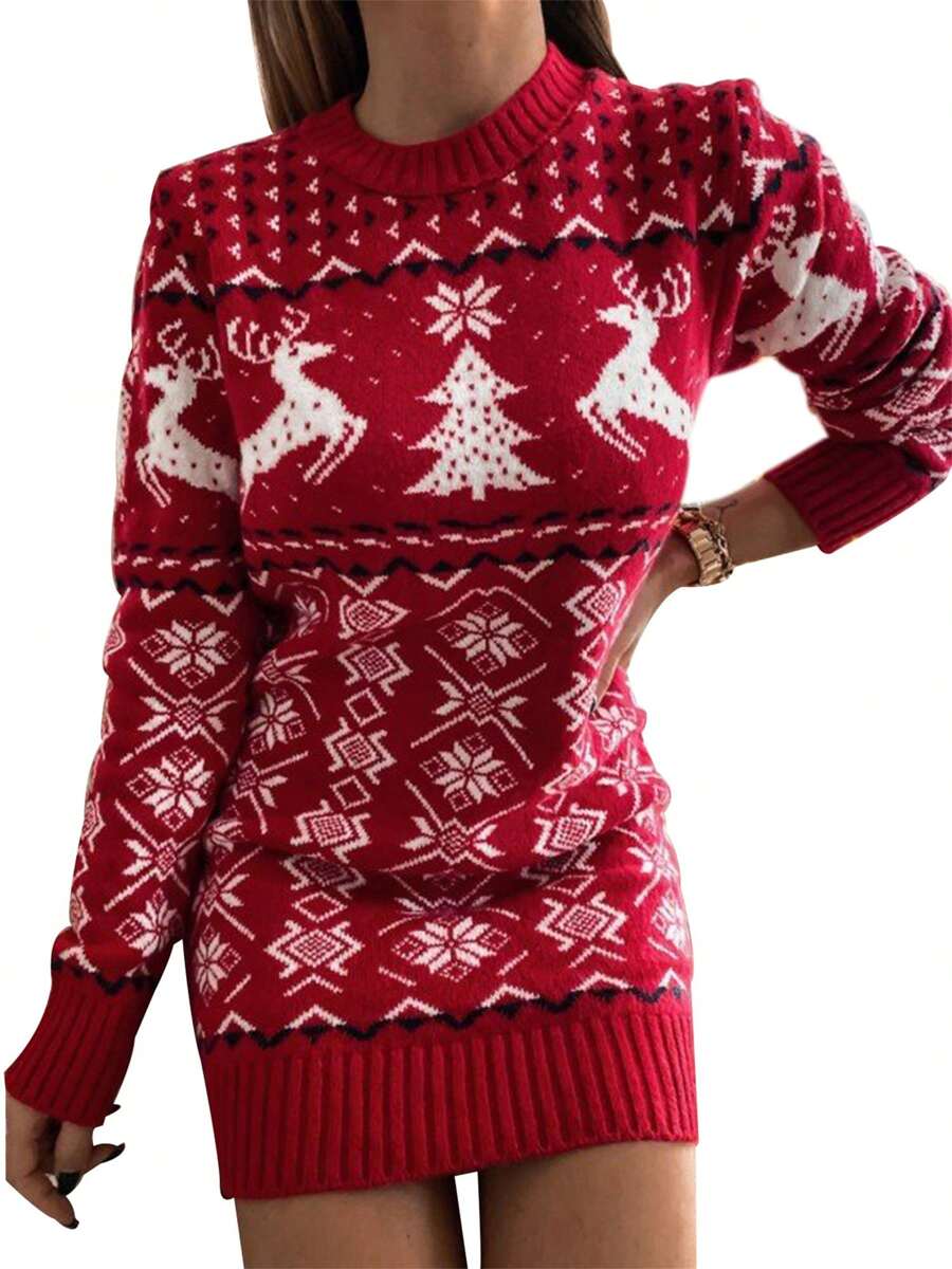 Women Christmas Jacquard Knitted Dress, Loose Fit Long Sleeve O-Neck Dress For Autumn Winter - Red - View 1