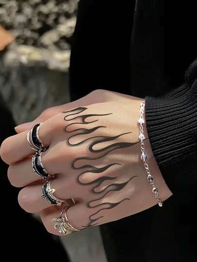 1 件火焰临时纹身防水防汗持续 1-2 周逼真草本汁不反光防摩擦仿黑色假纹身男女纹身贴纸适用于手臂、胸部、腰部、背部、腹部、腿部、颈部、手指、耳朵现代人体艺术