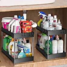 Tủ lưu trữ dưới bồn rửa 2 ngăn kéo đa năng Tủ lưu trữ dưới bồn rửa Tủ lưu trữ phòng tắm nhà bếp - màu đen - Xem 1