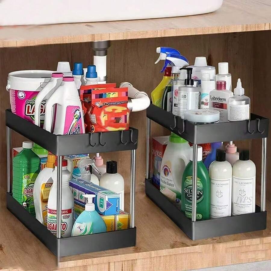 Tủ lưu trữ dưới bồn rửa 2 ngăn kéo đa năng Tủ lưu trữ dưới bồn rửa Tủ lưu trữ phòng tắm nhà bếp - màu đen - Xem 1