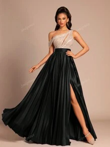 Women Asymmetric Collar Split Sequin Elegant Party Evening Dress With High-End Elegant, Wedding Guest Dress, Formal Dress,Gown