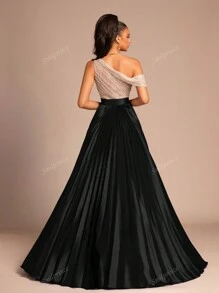 Women Asymmetric Collar Split Sequin Elegant Party Evening Dress With High-End Elegant, Wedding Guest Dress, Formal Dress,Gown