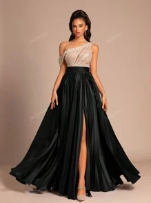 Women Asymmetric Collar Split Sequin Elegant Party Evening Dress With High-End Elegant, Wedding Guest Dress, Formal Dress,Gown