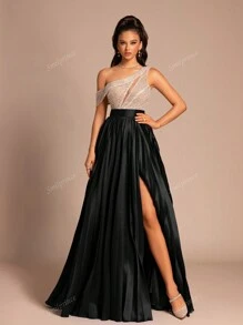 Women Asymmetric Collar Split Sequin Elegant Party Evening Dress With High-End Elegant, Wedding Guest Dress, Formal Dress,Gown
