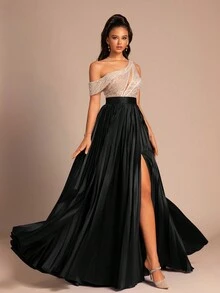 Women Asymmetric Collar Split Sequin Elegant Party Evening Dress With High-End Elegant, Wedding Guest Dress, Formal Dress,Gown