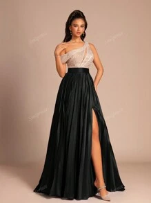 Women Asymmetric Collar Split Sequin Elegant Party Evening Dress With High-End Elegant, Wedding Guest Dress, Formal Dress,Gown