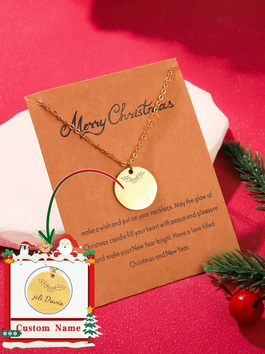 1 件定制名字不锈钢圆形吊坠项链，适合女士，适合日常佩戴（圣诞花环、冬青叶和冬青浆果固定） - 金黃色 - 查看 1