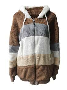 Women Thermal Coat, Variegated Color Zipper Open Front Oversize Overcoat In 8 Colors - Khaki - View 5