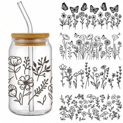 5pcs/Set Wild Flowers Line Flowers Floral With Butterfly UV DTF Cup Wraps Decals Transfer Printing Waterproof Self-Adhesive Stickers For Mug Water Bottle Cup, DTF Transfer Sticker For 16 OZ Glass Can Wrap, 3D Crystal Label Waterproof And Scratch Resistant, DIY Wrap Transfer Sticker Fashion Women Decals DIY Crafts-High Quality (11x24cm) 4.3inx9.4in