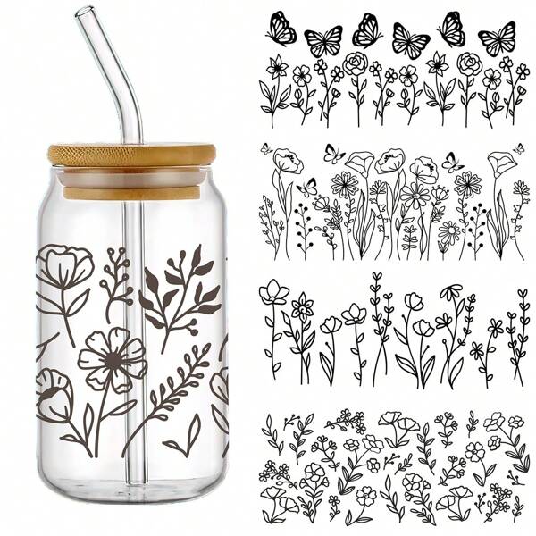 Set de 5 piezas de envoltorios para tazas con estampado de flores silvestres, flores florales con mariposa, impresión por transferencia de película UV, adhesivo impermeable y a prueba de arañazos, para taza, botella de agua, lata de 16 onzas, pegatinas de transferencia DIY de alta calidad (11x24cm) 4,3x9,4 pulgadas