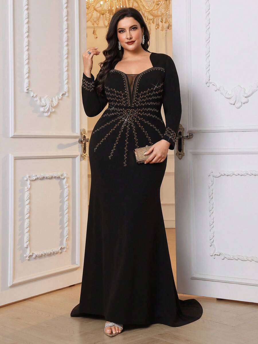 Plus Size Solid Color Rhinestone Embellished Elegant Casual Long Sleeve Dress - Black - View 1
