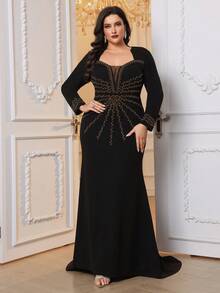 Plus Size Solid Color Rhinestone Embellished Elegant Casual Long Sleeve Dress - Black - View 4