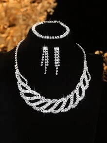 4 件套包括：水钻装饰波浪形项链、配套耳环和手链，适合女性日常通勤、校园约会、婚礼派对、情人节和节日礼物 - 精緻百搭項鍊套裝 - 查看 2