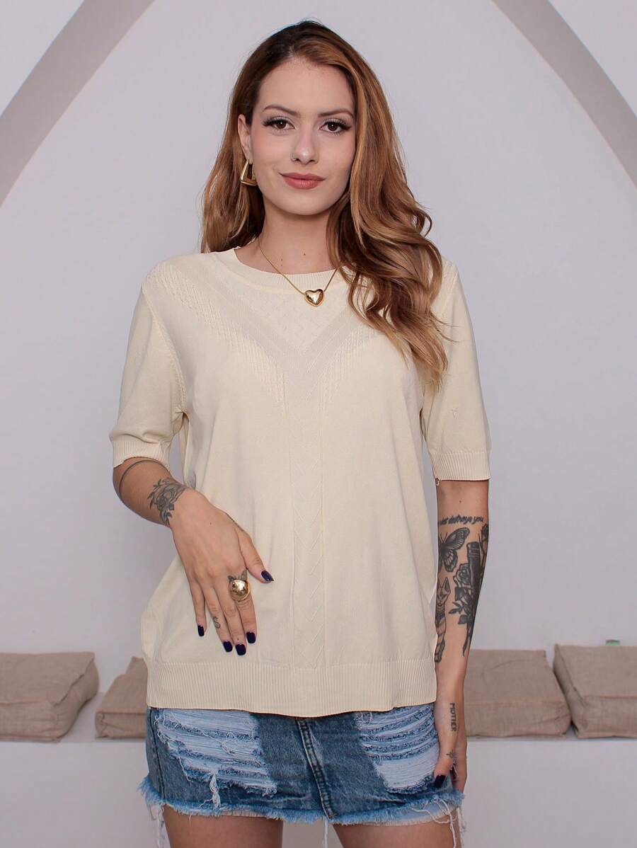 Women's Short Sleeve Blouse In Ice Modal Comfort And Style Knit Detail L105 - 米色 - 查看 1