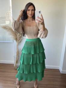 4 Layer Pleated Skirt S-1 - Green - View 2