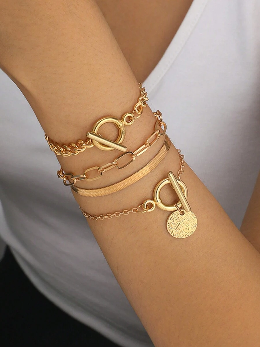 4入组/套復古和極簡多層手鍊適合女士 - 金色 - 查看 1