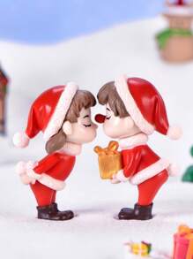 1 对迷你圣诞情侣玩偶，微景观装饰，创意桌面摆件圣诞节礼物，可爱红色树脂工艺品 - 彩色 - 查看 3