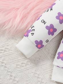 2 件套女婴休闲花卉和字母印花圆领长袖运动衫和运动裤套装，春秋 - 紫色 - 查看 4