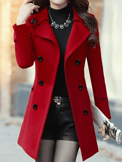 Women's Double-Breasted Lapel Coat, Elegant Long Sleeve Fashion Jacket For Autumn/Winter, Dry Clean, Warm, Casual Outdoor Coat