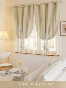2pcs/Set Panel Curtains - Beige Solid Curtains With Laser Cut Star Holes To Darken Room, Suitable For Bedroom, Decor Home Curtain For Girls Room, Living Room