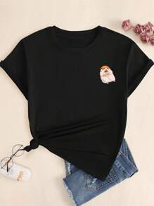 Cute Hamster T-Shirt With Cross Printed Blouse Women's Fashion Short Sleeve - 黑色 - 查看 1