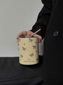 1pc 360ml/12.17oz Bow Knot Heart Shaped Thermal Insulation Mug, Keeps Drinks Hot & Cold, Stainless Steel Straw Cup, Vacuum Bottle Travel And Outdoor Sports, Flat Bottom Cup, Car Cup, Seasonal Beverage Holder, Holiday & Birthday Gift Back To School - Multicolor - View 7