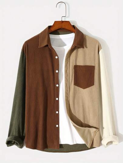 Men's Corduroy Color Block Stand Collar Casual Stylish Daily Wear Long Sleeve Shacket