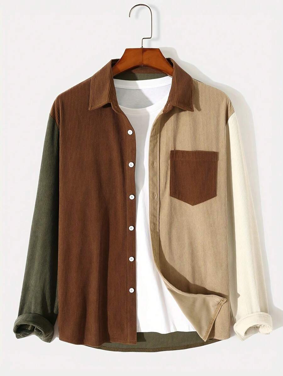 Men's Corduroy Color Block Stand Collar Casual Stylish Daily Wear Long Sleeve Shacket - 棕色 - 查看 1