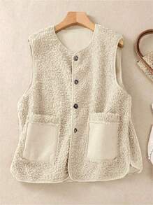 Autumn/Winter Casual Fashionable Fluffy Button Pocket Patchwork Warm Gilet Jacket