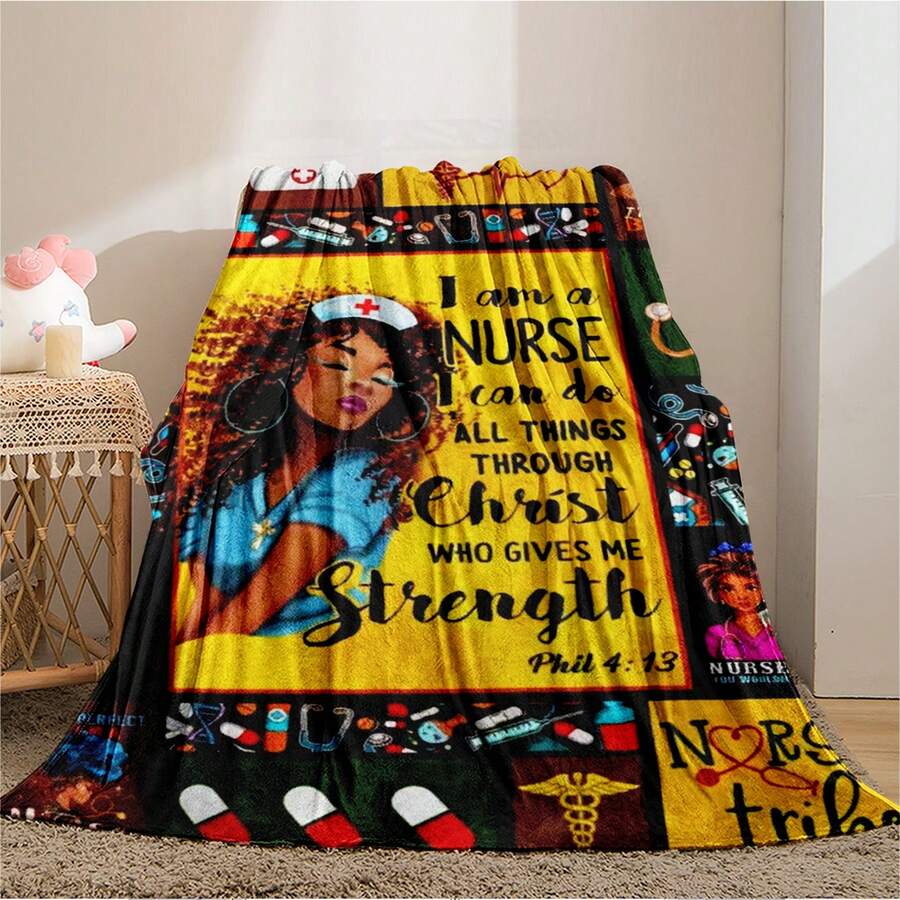 1pc Nurse Girl Print Blanket, Slogan Pattern Gift, Soft Warm Flannel