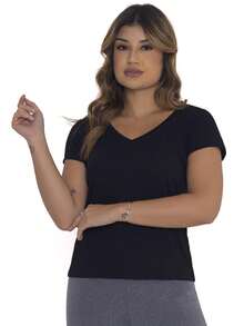 Clear Waters Women Blouse Elegant Gym Short Sleeve Summer Basic V-Neck Solid Color Plain Exquisite Neckline Design T Shirt Casual Loose Work Fashion Women - 黑色 - 查看 1